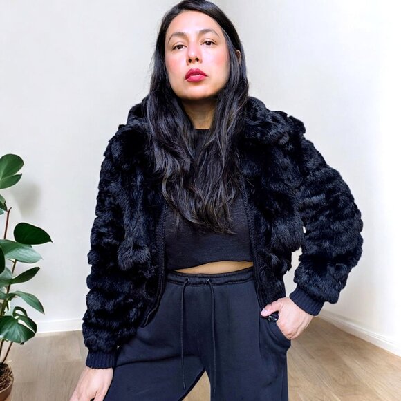 Danlee vintage 80's made in Hong Kong black fur rabbit cropped coat women's S - Picture 1 of 9